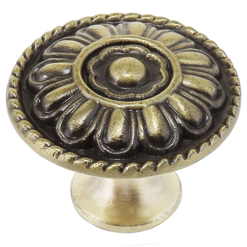 trust4care 4-Pack Euro Style Brushed Antique Brass Kitchen Cabinet Knobs, Zinc Alloy Vintage Drawer Knobs, Weathered Gold Round Dresser Handles with Floral for Bathroom & Furniture, 1.25" Diameter - Image 1